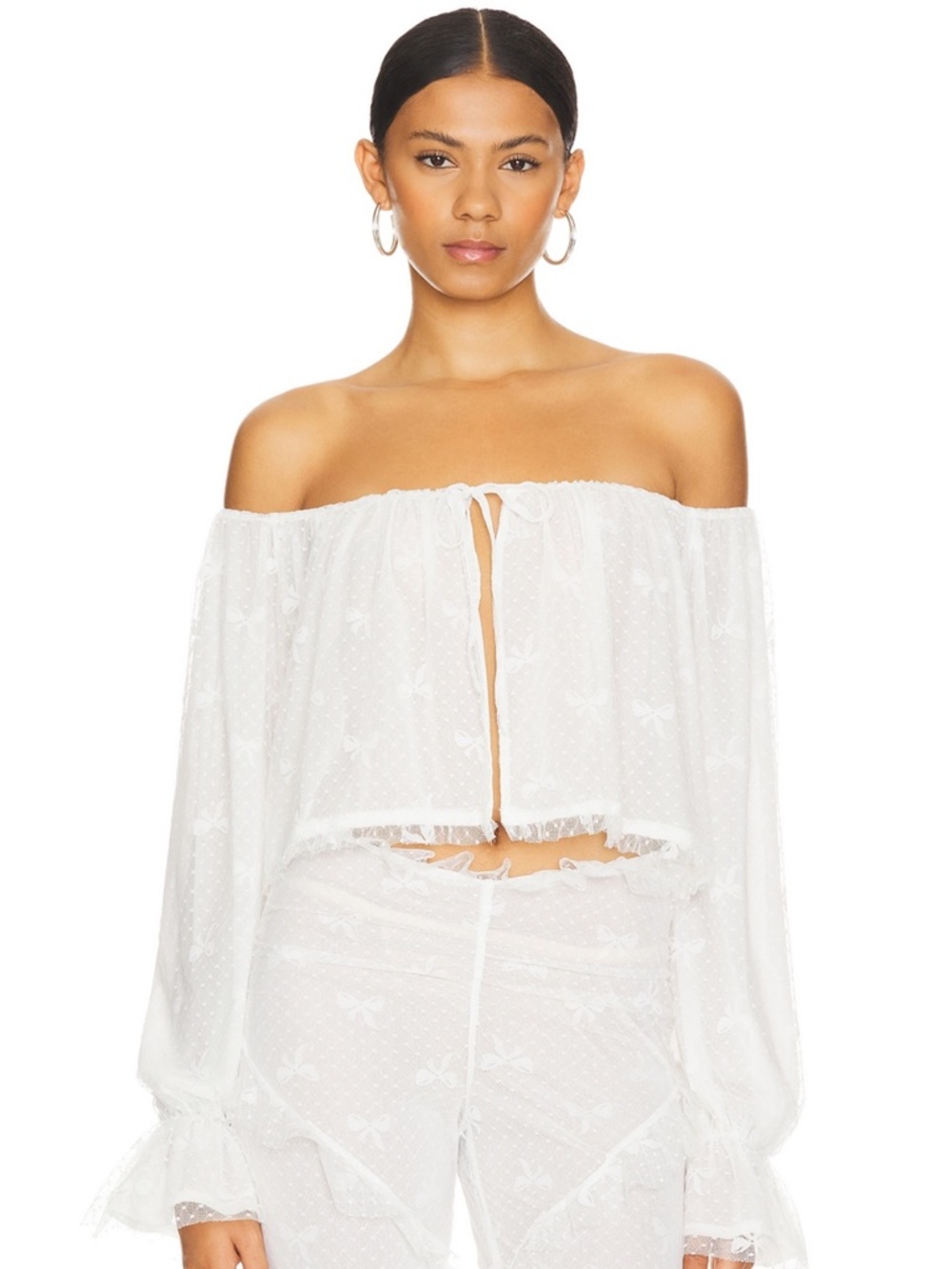 Off-Shoulder White Sheer Blouse with Tie Front